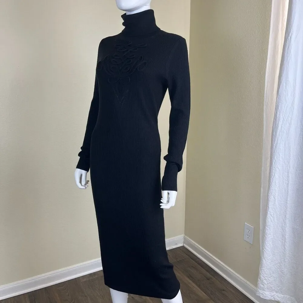 DVF Women Size L Black Wool Jersey Knit Midi Sweater Dress Capsule Minimalist